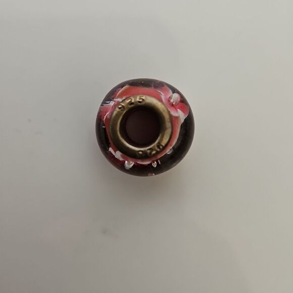 Murano Glass Bead Flower Charm Stamped 925 Burgandy/ White - Picture 3 of 16